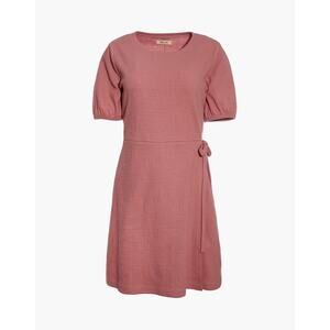 Madewell XS Crosshatch Puff-Sleeve Faux-Wrap Mini Dress Weathered Berry Pink